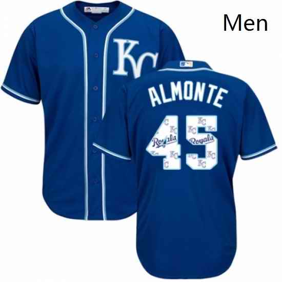 Mens Majestic Kansas City Royals 45 Abraham Almonte Blue Authentic Blue Team Logo Fashion Cool Base MLB Jersey